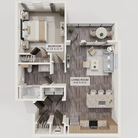 Floor plan for 1 bed, 1 bath, 761 sqft